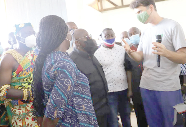 Mr Joachim Neulinger (right), the Project Supervisor, explaining a point to President Akufo-Addo (middle), after the inauguration of the Kwadaso Methodist Institute in Kumasi. Pictures: EMMANUEL BAAH