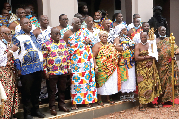 President Akufo-Addo (arrowed) with Nii Okwei Kinka Dowuona (4th left front row), President  of the Greater Accra Regional House of Chiefs and other members of the House. Picture SAMUEL TEI ADANO