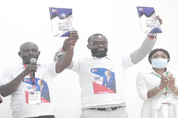 From left to right: Akwasi Addai, Kenneth Asamoah, first Vice-Chairman of the party, and Mrs Addai, wife of the flag bearer