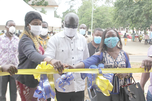 Mr Emmanuel Ofoe Fiemawhle (middle) inaugurating the block. With him are Mrs Lydia Quartey (left) and Mrs Phyllis Leckson-Leckey, an architect with Masuab Consult