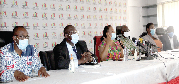  Ms. Josephine Nkrumah (3rd left) addressing the press conference. With her are Dr. Frank Ankobea (2nd left), Mr. Samuel Asare Akuamoah (3rd right), Deputy Chairman of the NCCE, and some other dignitaries. Picture: ESTHER ADJEI