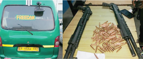 The bus suspected to have been used in the robbery (left) and the two pump action guns with 100 rounds of AK 47 ammunition retrieved from the crime scene (right)