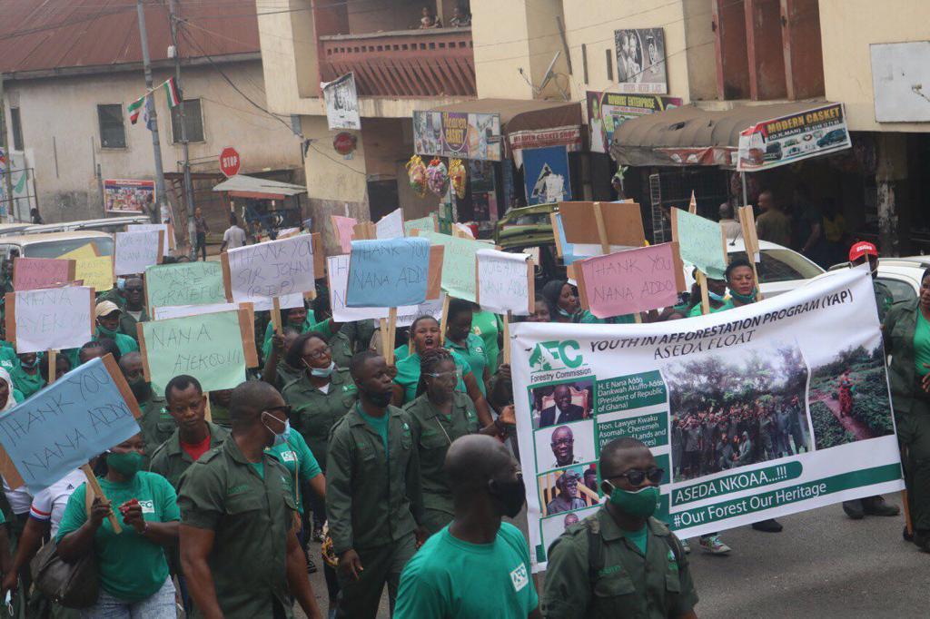 Some beneficiaries of the Youth in Afforestation Programme during the march through the streets in Kumasi. Picture by: EMMANUEL BAAH