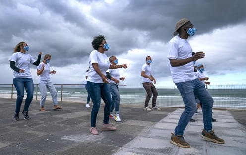 A group of colleagues taking up the viral #JerusalemaDanceChallenge in Cape Town. NIC BOTHMA/EPA-EFE