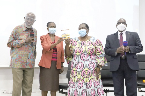 Dr Esther Ofei-Aboagye, Chairperson of the Star-Ghana Foundation, and Dr Grace Bediako (2nd left), Board Chairperson of the Ghana Statistical Service, launching the Ghana at 100 Development Framework at a ceremony in Accra. Those with them are Professor Stephen Adei (left), Chairman of the National Development Planning Commission, and Dr Kodjo Mensah-Abrampa (right), the Director-General of the NDPC. Picture: GABRIEL AHIABOR