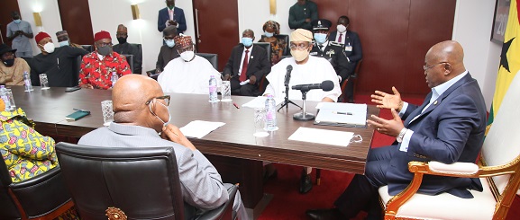 President Nana Addo Dankwa Akufo-Addo addressing Mr Femi Gbajabiamila  (2nd right), Speaker of the House of Representatives of Nigeria, and his delegation. Picture: SAMUEL TEI ADANO