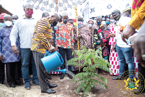  President Akufo-Addo watering a tree he planted for commencement of work on the accident and emergency centre 