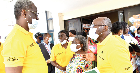  Nana Kwasi Agyekum-Dwamena (left) interacting with some members of the Civil Service Association after the press launch of the 2020 Civil Service Week. Picture: EBOW HANSON
