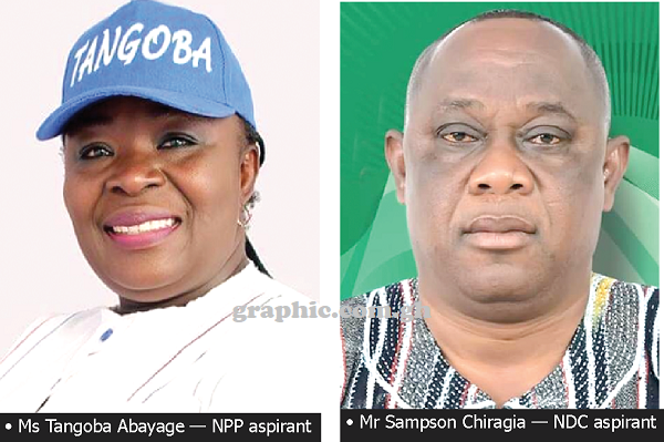 The candidates, Miss Tangoba Abayage, who is the current Upper East Regional Minister, is facing the opposition NDC's, Mr Sampson Tangombu Chiragia, a.k.a., ‘STC’, a tax auditor.