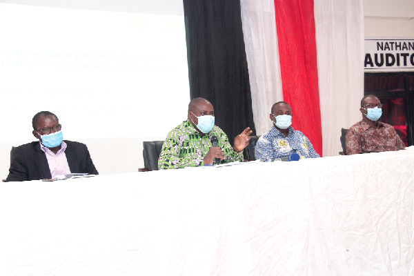 r Luiz Amoussou Gohoungo (2nd left) answering questions during the interaction session at the event. With him are Mr Cornelius Debpuur (left), Mr David Dosoo (2nd right), Head of Laboratory, Kintampo Health Research Centre, and Dr Frank Atuguba (right), Physician Specialist, Dodowa Health Research Centre. Picture: BENEDICT OBUOBI