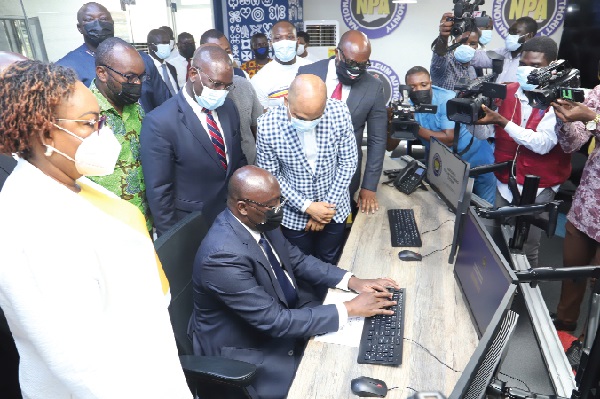 Vice-President Dr Mahamudu Bawumia  launching the National Retail Outlet Fuel Monitoring System in Accra. With him is Mrs Hawa Koomson (left), the Minister for Fisheries and Aqua Culture. Picture: SAMUEL TEI ADANO