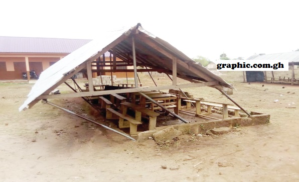 The temporary classroom structure at the Amponsahkrom Methodist Basic Primary School which was destroyed during a recent rainstorm
