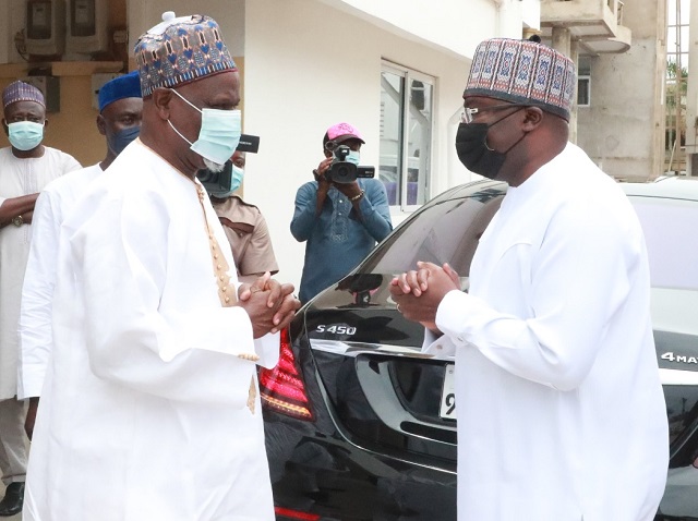 Maulvi Mohammed Bin Salih, Missionary-in-charge of the Ahmadiyya Muslim Mission in Ghana, left, in a chat with Vice President Dr. Mahamudu Bawumia