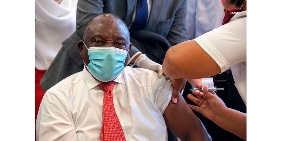 South African President Cyril Ramaphosa is inoculated with a Covid-19 vaccine shot at the Khayelitsha Hospital in Cape Town on February 17, 2021. Photo Credit: Gianluigi Guercia | AFP