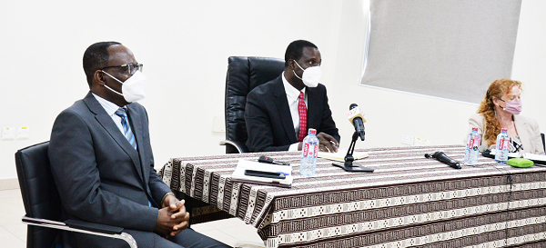 Dr Yaw Osei Adutwum (middle), the Minister of Education, addressing development partners at the meeting. With him are  Mr Benjamin Gyasi (left), Chief Director at the Ministry of Education, and Ms Tara O’Connell (right), UNICEF Chief of Education. Picture: ALBERTA MORTTY