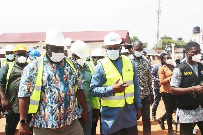 Dr Matthew Opoku Prempeh (left), Minister of Energy, being escorted by Mr Jonathan Amoako-Baah (right), CEO, Ghana Grid Company Limited, during the site inspection of the Pokuase Sub Station