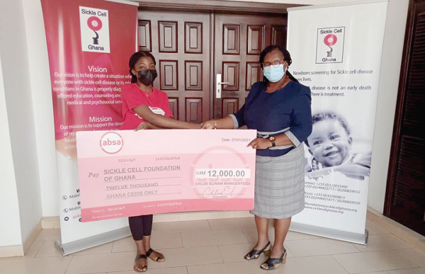 Ms Chloe Elinam Mawuenyega (left), presenting the dummy cheque to Mrs Gifty Jecty, the Business Manager of the Sickle Cell Foundation 