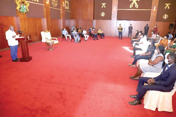 President Akufo-Addo addressing the students at the Jubilee House in Accra. Picture: SAMUEL TEI ADANO