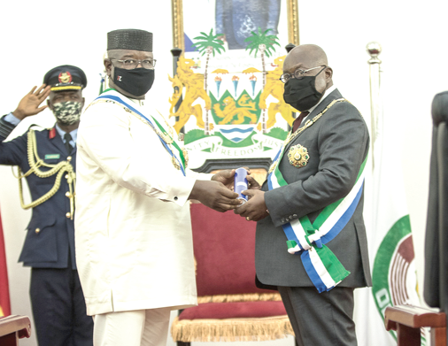 President Julius Maada Bio of Sierra Leone presenting Sierra Leone’s highest national award to President Akufo-Addo