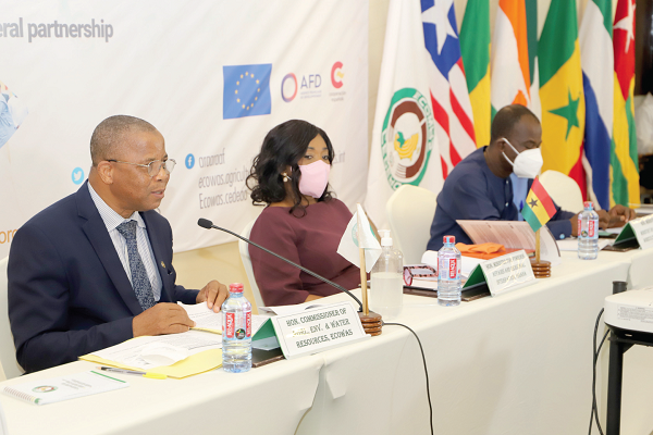 • Mr Sekou Sangare (left), ECOWAS Commissioner for Agriculture and Water Resources, addressing the West Africa Food Security Storage System forum in Accra. With him are Ms Shirley Ayorkor Botchwey (middle), Minister of Foreign Affairs, and Mr Emmanuel Asante Krobea, Technical Advisor to the Minister of Food and Agriculture. Picture: GABRIEL AHIABOR