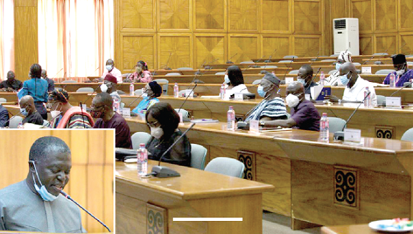 Mr Benito Owusu-Bio (inset), a  Deputy Minister designate of Lands and Natural Resources, addressing members of the Council of State