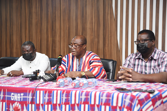 Mr Thomas Musah (middle), General Secretary, GNAT, flanked by Mr Angel Cabonu (right), President of NAGRAT, and Mr King Ali Awudu of the CCT-GH, addressing the news conference