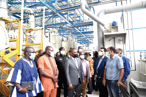 Nana Akwasi Awuah (2nd left), acting Managing Director of the PMMC conducting Mr George Mireku Duker (4th left), Deputy Minister of Lands and Natural Resources, round the Royal Gold Ghana facility in Accra. Picture: EMMANUEL QUAYE