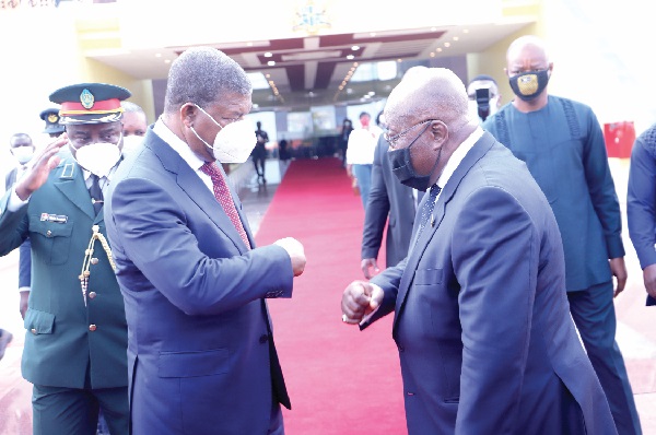 President Akufo-Addo (right), bidding Mr Joao Manuel Goncalves Lourenco, President of Angola, farewell after his three-day state visit. Picrture: SAMUEL TEI ADANO