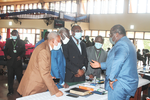 Rt Rev. Prof. Joseph Obiri Yeboah Mante (right), Moderator of the General Assembly, Presbyterian Church of Ghana, interacting with some presbyters from the diaspora, during the 21st General Assembly. Picture: Maxwell Ocloo