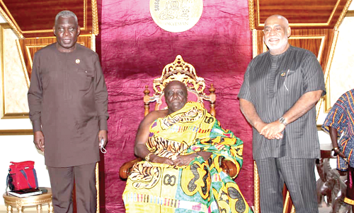 Osagyefo Amoatia Ofori Panin (middle) flanked by  Mr Charles Abani (right), the UN Resident Coordinator, and  Dr Eugene Owusu, Head of SDGs Advisory Unit at the Office of the President