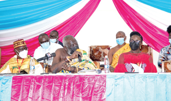 Osabarima Kwesi Atta II (middle) addresing participants.  With him are Dr Damasus Tuurosong (left), President-elect of the GNAPS and Dr Hagar Ampadu (right), Inspector General of Schools