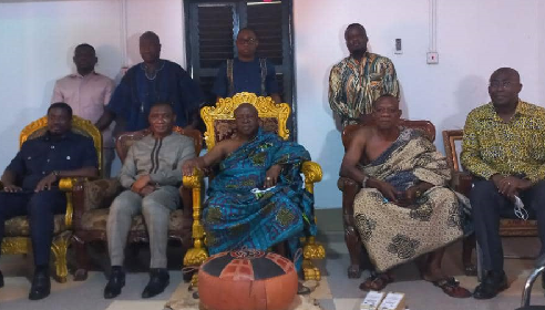 • Mr George Mireku Ducker, Deputy Minister for Land and Natural Resources (second left front row) and Ogyeahoho Yaw Gyebi II (middle), Omanhene of Sefwi Anwhiaso and other dignitaries at his Palace
