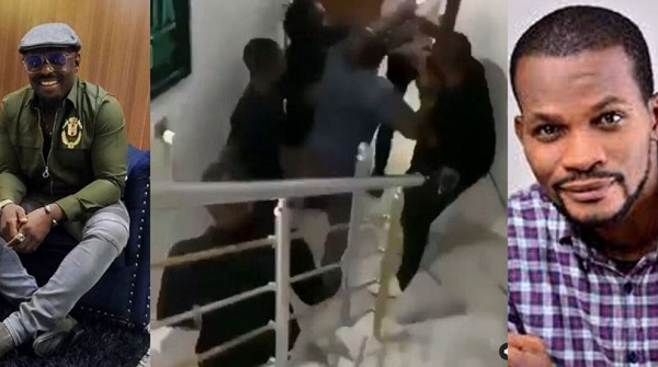Uche Maduagwu and Jim Iyke end up in an altercation after the former questions Iyke's wealth (Images via Instagram and YouTube)