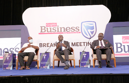 Prof. Kwame Karikari (2nd left), Board Chairman of GCGL, and Mr Stephen N. Boadi (2nd right), Lead Enabler, Digital Marketing and Communications Expert, at the panel discussion during the meeting. On the right is Mr George Twumasi, CEO of ABN Holdings Limited. Picture: ESTHER ADJEI