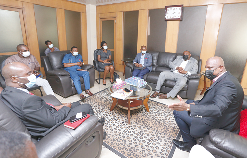  Mr Ato Afful (right), MD, GCGL, making a point. Those with him include Mr Samuel Amegayibor (2nd right), Ag Executive Director, GREDA; Rev. Elvin Nunoo Larkai (3rd right), MD, Elrano Project &amp; Consult; Mrs Eyram Macafui Larkai (4th right), Director of Finance, Elrano; Mr Kobby Asmah (3rd left), Editor, Daily Graphic; Mr Eric Ebo Acquah (2nd left), Council Member, GREDA, and Mr Samuel Essel (left), Director, Finance, GCGL. Picture: NII MARTEY M. BOTCHWAY
