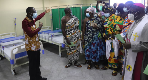 Dr. Jerry Adu-Amankwah (left), Medical Superintendent, Aburaso Methodist Hospital, explaining a point to Nana Kwadwo Sah II (3rd right), the Kromoasehene, and Most Rev. Dr. Paul Kwabena Boafo (right), the Presiding Bishop, Methodist Church Ghana, during a tour of the hospital's Emergency Centre. Picture: EMMANUEL BAAH