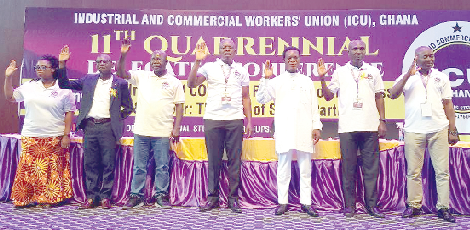• Mr. Morgan Ayawine (3rd right), the newly elected General Secretary of ICU-Ghana, with Alhaji Nuru-Deen Alhassan (right), the Chairman, and Mr. Emmanuel Baah Benimah (middle), Deputy General Secretary-Operations, together with other executive members being sworn into office after the 11th Quadrennial Delegates Conference in Accra