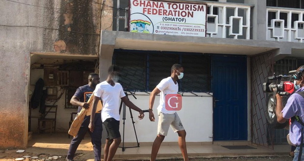 The two suspects making their way out of court on Monday, after their committal