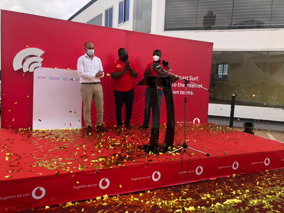 Mr Haytham(left), Finance Director at Vodafone and Mr George Abban(2nd left), launching the Vodafone smart surf 