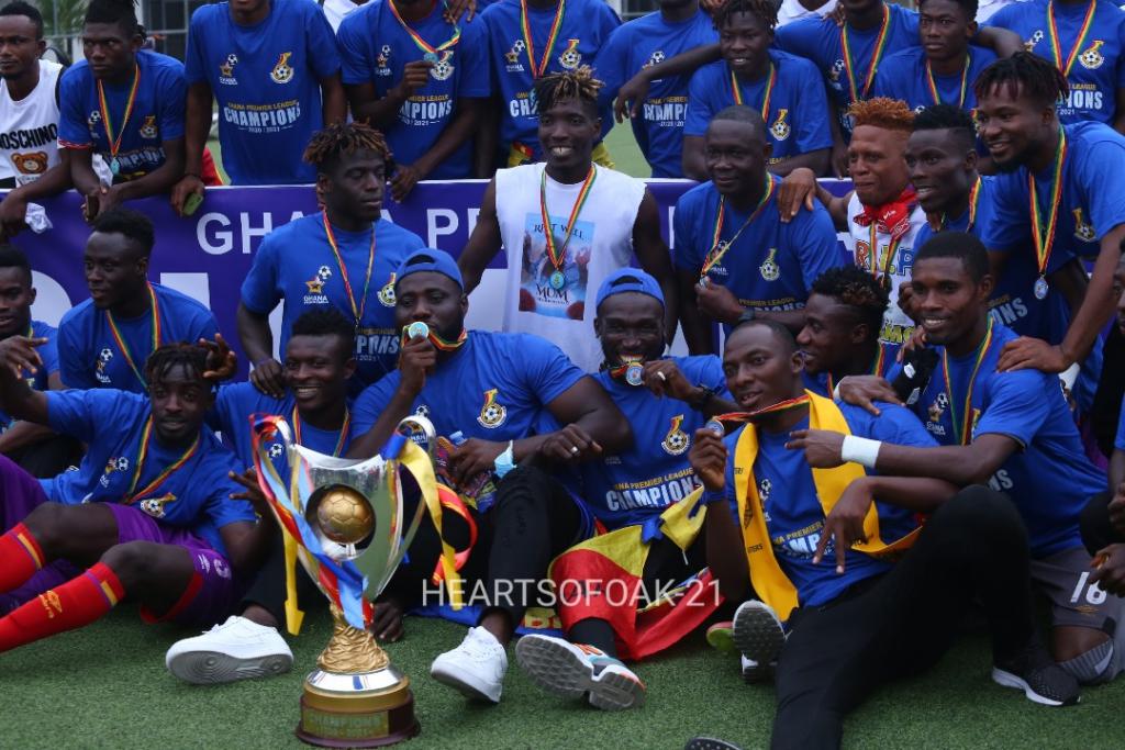 Players of Accra Hearts of Oak displaying the league trophy after their coronation