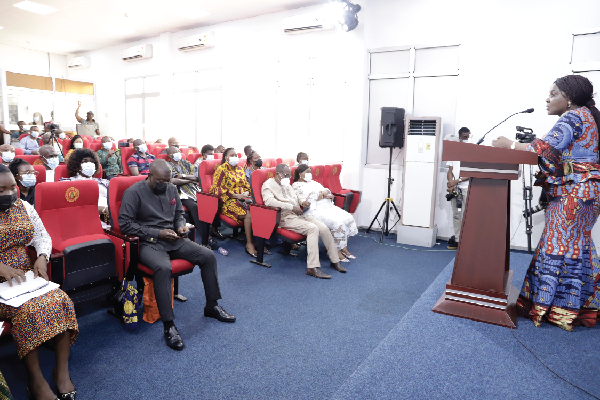 Ms Cecilia Abena Dapaah, Caretaker Minister, Gender, Children and Social Protection, addressing journalists at the media briefing. Picture: EDNA SALVO-KOTEY