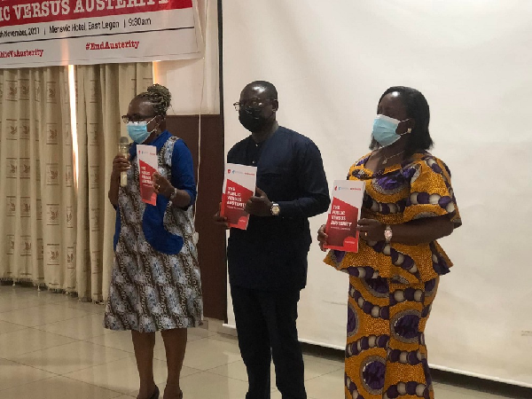 From left, Margaret Brew-Ward, Acting Head of Programmes, Pedi Anawi, Regional Coordinator, Education International, and Perpetual Ofori Ampofo, President of Ghana Nurses &amp; Midwives Association launching the report