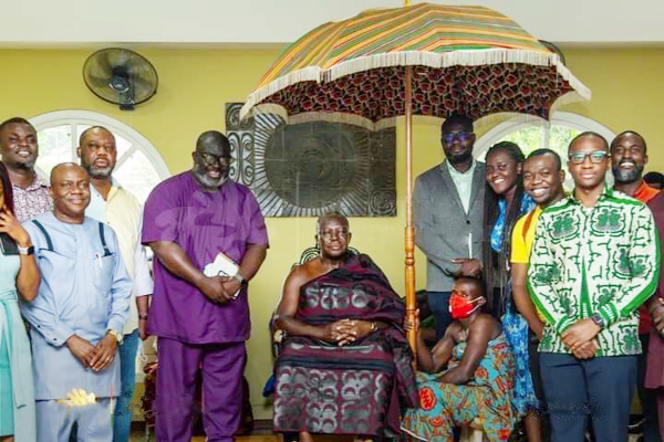 Otumfuo, with Dr Matthew Prempeh (arrowed), the Energy Minister and his entourage
