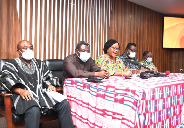 Ms Philippa Larsen (3rd from left), National President of GNAT, adressing the press conference in Accra yesterday. With her are Mr Thomas Musah (left), General Secretary of GNAT; Mr King Ali Awudu (2nd from left), President, CCT-GH, and Mr Angel Cabonu (2nd from right), President of NAGRAT