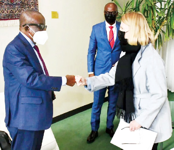 Mr Albert Kan-Dapaah (left), Minister of National Security, exchanging greetings with Ms Anniken Huitfieldt, Foreign Affairs Minister of Norway