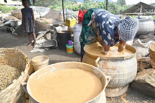A woman separating the kernels using the clay system 