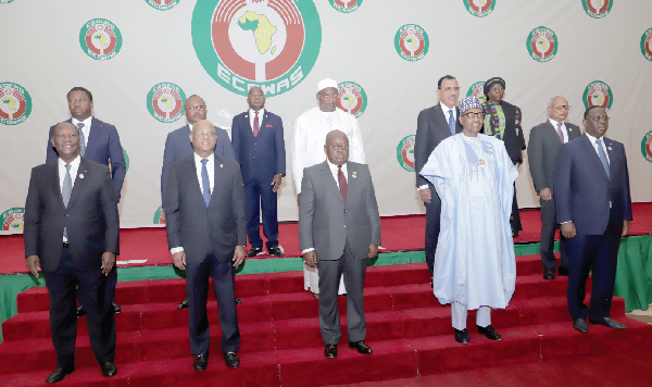  President Akufo-Addo (front row middle)  with other ECOWAS leaders, including President Muhammadu Buhari of Nigeria (2nd from right), and Mr Jean Claude Kassi Brou (2nd from left), the President of the ECOWAS Commission. Picture: Samuel Tei Adano 