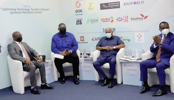Mr  Andrew Kofi Egyapa Mercer (left), Deputy Minister of Energy;  Mr Egbert Faibile Jnr (2nd from left), Chief Executive of the Petroleum Commission; Mr Stephen Sekyere Abankwa (2nd from right),  Board Chairman of the PC,  and Mr Joseph Osei-Owusu (right),  First Deputy Speaker of  Parliament, during the opening ceremony