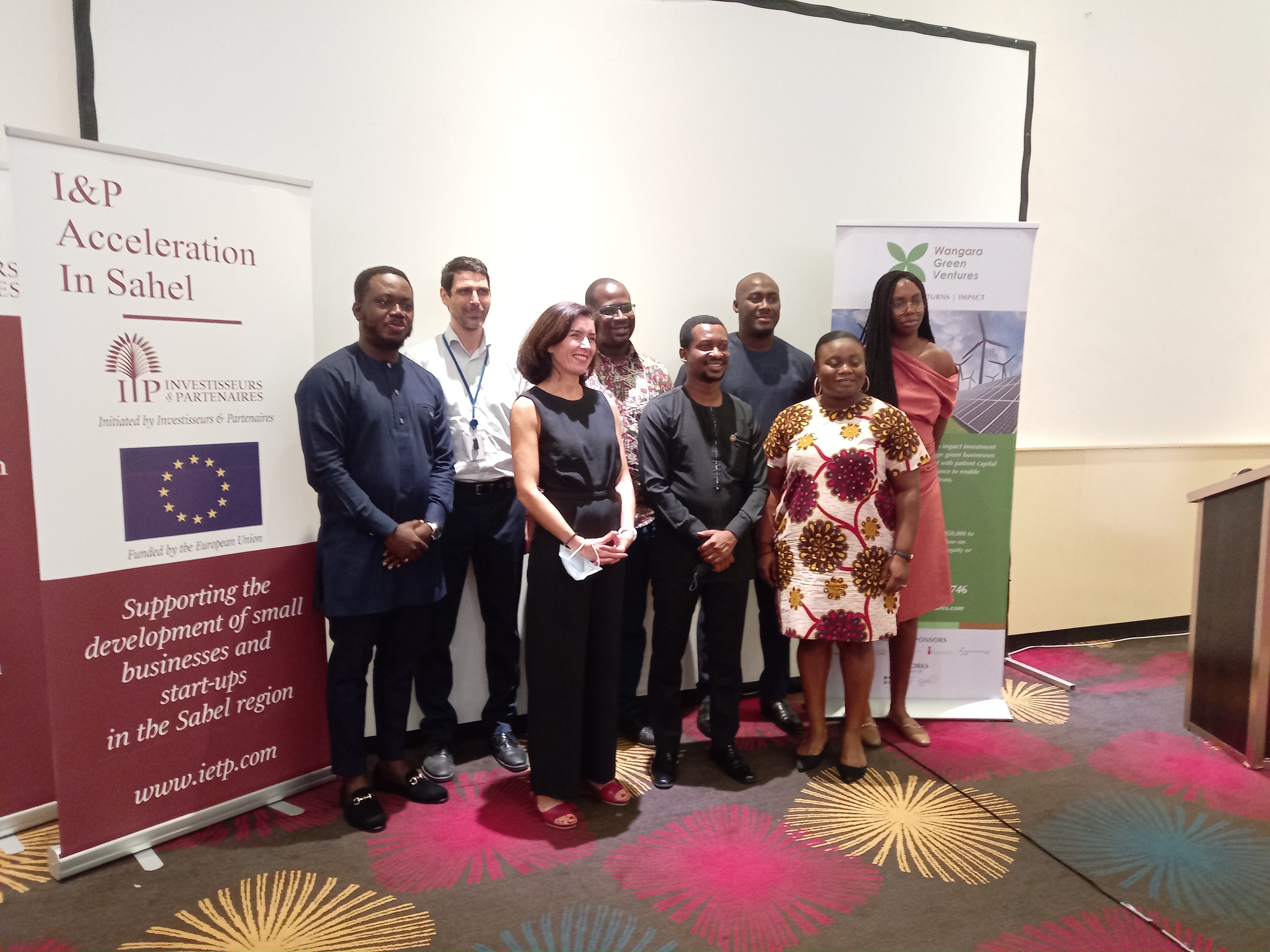 Ms Sophie Ménager (1st left), Programme Manager of IPAS, Mr Ebenezer Arthur (2nd left) Chief Executive Officer of Wangara Capital, Mr Emmanuel Subiran (2nd left, back) Programme Officer, Governance Section of the EU Delegation in Ghana and Mr Baafour Otu-Boateng, (3rd left, back) Senior Investment Manager at I&P, with others during the information session in Accra