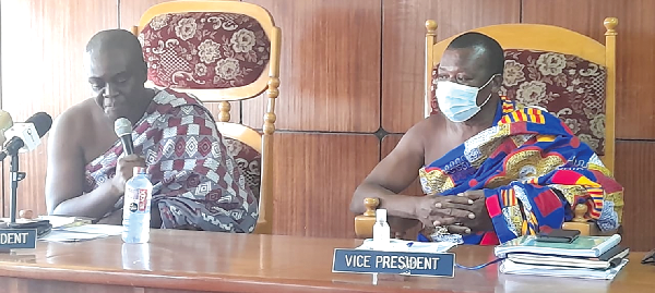   Osagyefo Oseadeeyo Agyemang Badu II (left) addressing the meeting. With him is Okokyeredom Sakyi Ako, Omanhene of the Drobo Traditional Area and Vice-President of the Bono Regional House of Chiefs